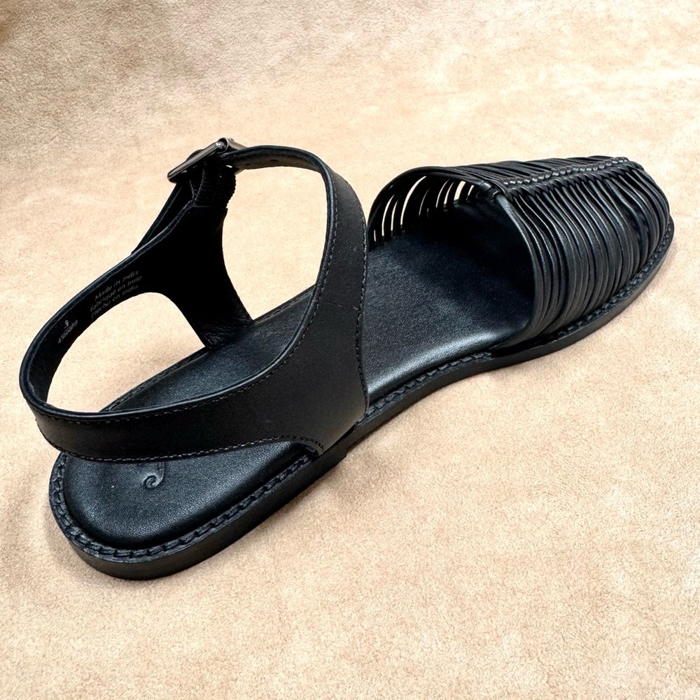 New Free People Frankie Fisher Flat Sandals Shoes Black Leather 9 39 - Picture 3 of 12
